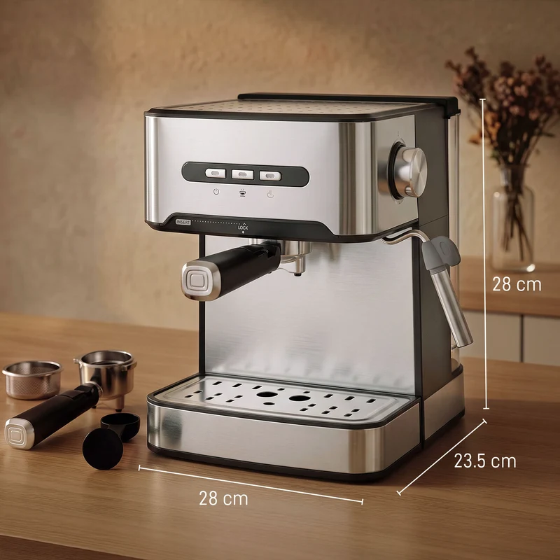 20-Bar Semi-Auto Espresso Maker with Frother, 1.6 L Tank, Black & Silver