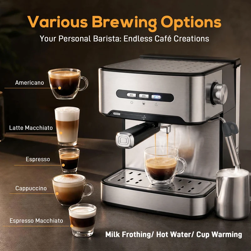 20-Bar Semi-Auto Espresso Maker with Frother, 1.6 L Tank, Black & Silver