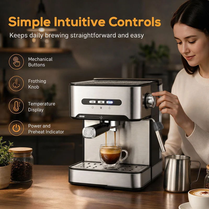 20-Bar Semi-Auto Espresso Maker with Frother, 1.6 L Tank, Black & Silver
