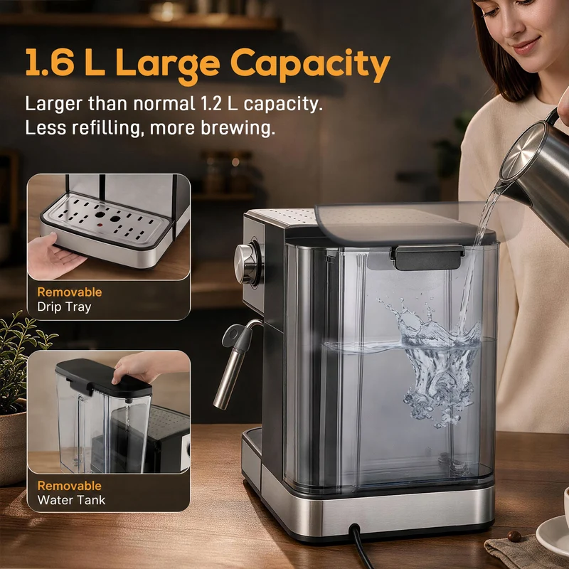 20-Bar Semi-Auto Espresso Maker with Frother, 1.6 L Tank, Black & Silver
