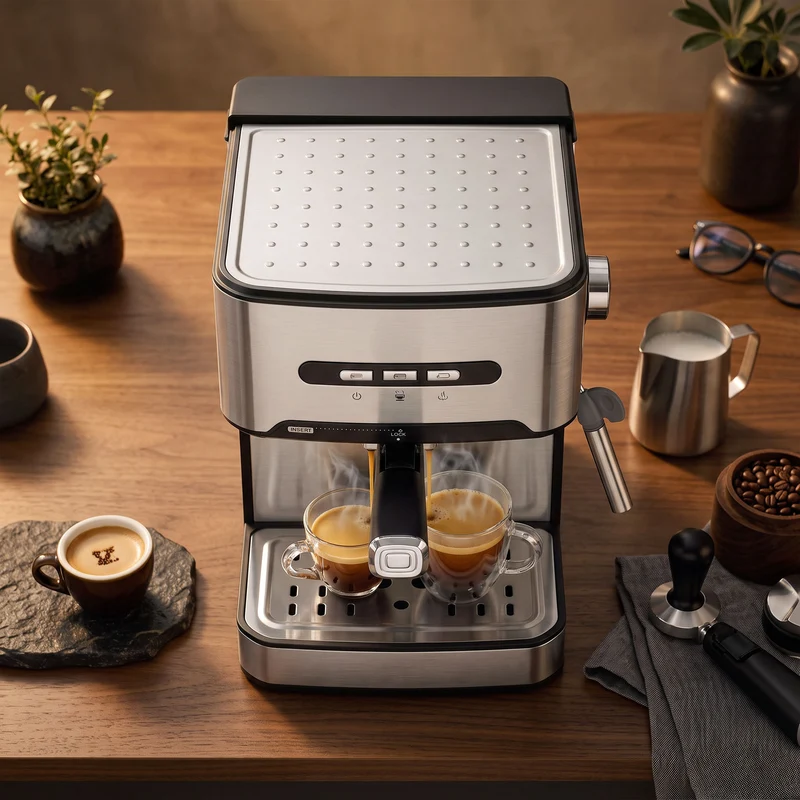 20-Bar Semi-Auto Espresso Maker with Frother, 1.6 L Tank, Black & Silver