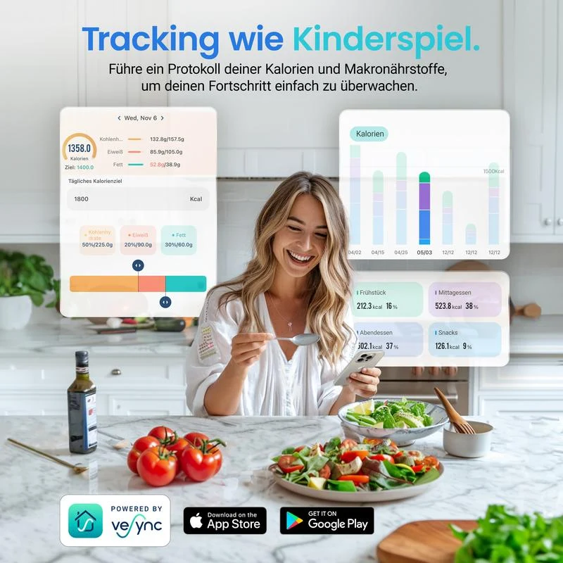 ⚖️📊 Küchenwaage digital – misst 19 Nährwerte & Kalorien per App, 5kg Edelstahl 🥗✅ für gesunde Ernährung & Gewichtsverlust