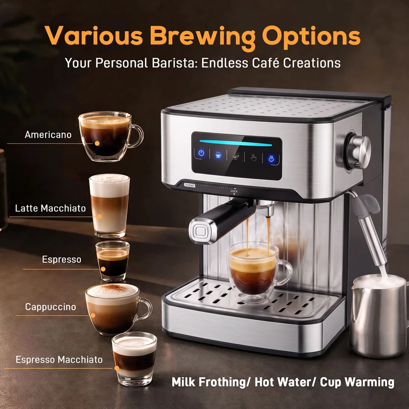 20-Bar Espresso Machine with Milk Frother and 1.6 L Tank, LED Touch