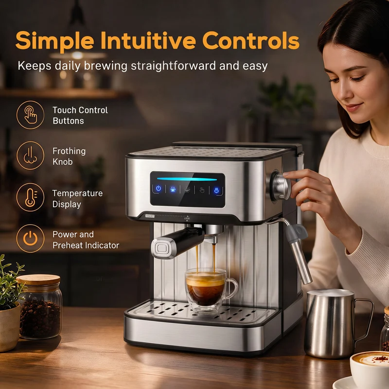 20-Bar Espresso Machine with Milk Frother and 1.6 L Tank, LED Touch
