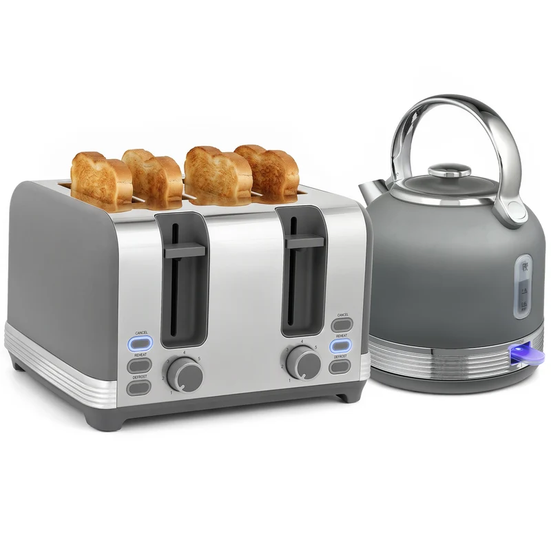 1.7L Kettle & 4-Slice Toaster with 7-Level Browning, Defrost & Reheat, Grey