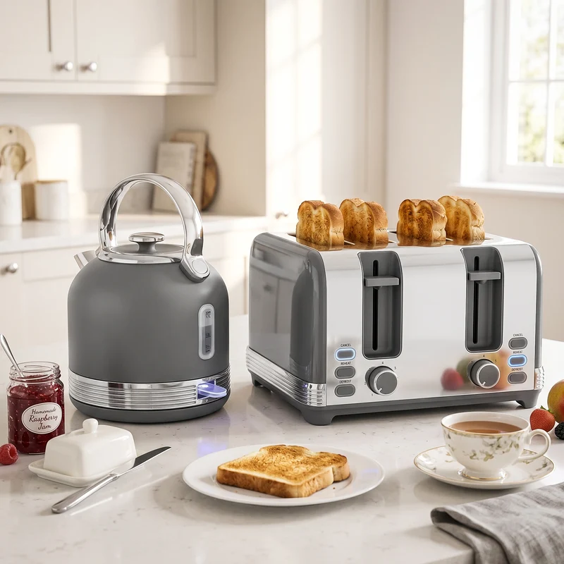 1.7L Kettle & 4-Slice Toaster with 7-Level Browning, Defrost & Reheat, Grey