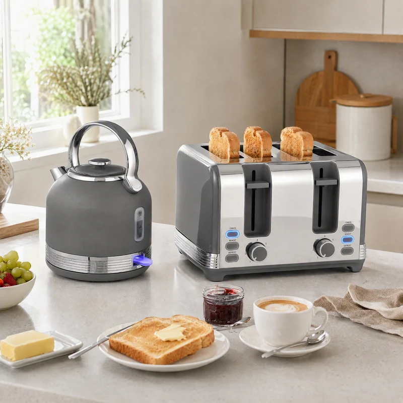 1.7L Kettle & 4-Slice Toaster with 7-Level Browning, Defrost & Reheat, Grey