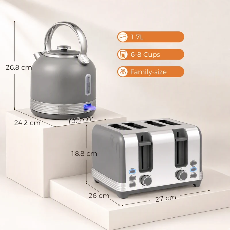 1.7L Kettle & 4-Slice Toaster with 7-Level Browning, Defrost & Reheat, Grey