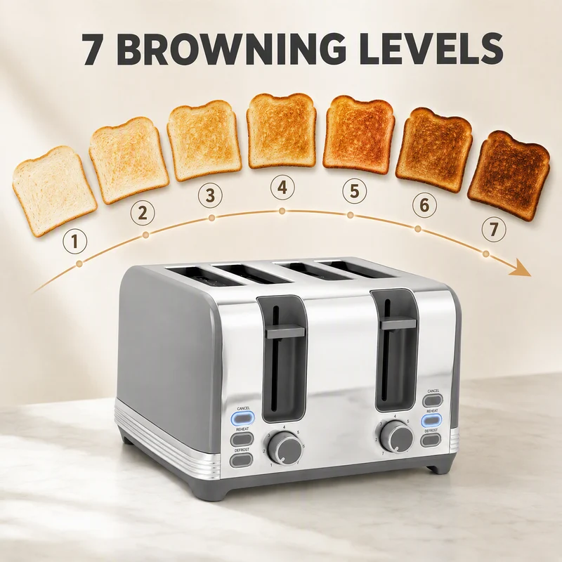 1.7L Kettle & 4-Slice Toaster with 7-Level Browning, Defrost & Reheat, Grey