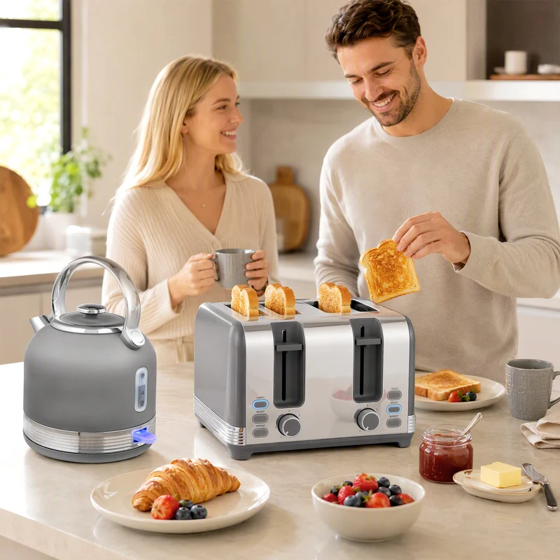 1.7L Kettle & 4-Slice Toaster with 7-Level Browning, Defrost & Reheat, Grey