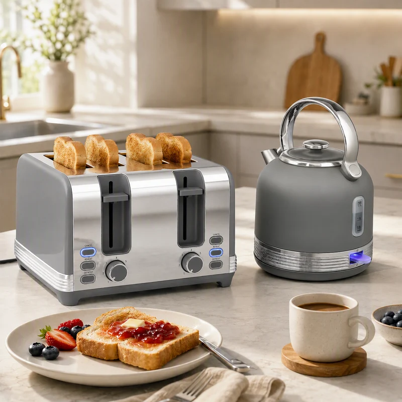1.7L Kettle & 4-Slice Toaster with 7-Level Browning, Defrost & Reheat, Grey