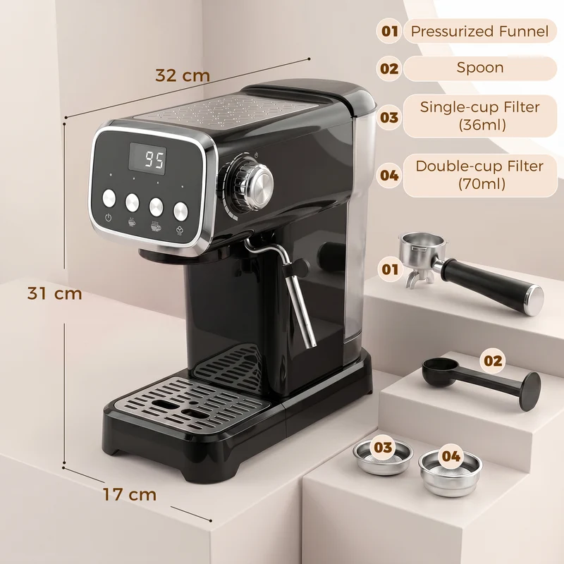 20-Bar Semi-Automatic Espresso Machine with Frother & Cup Warmer, 1.2L, Black