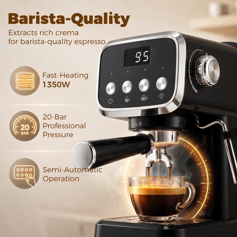 20-Bar Semi-Automatic Espresso Machine with Frother & Cup Warmer, 1.2L, Black