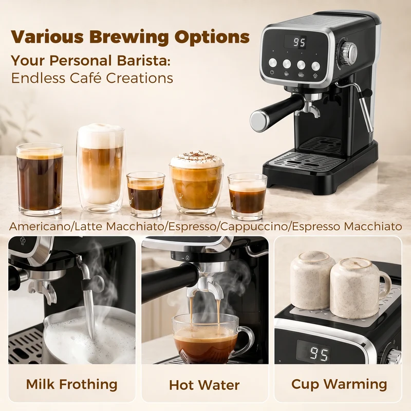 20-Bar Semi-Automatic Espresso Machine with Frother & Cup Warmer, 1.2L, Black