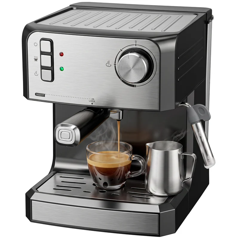20-Bar Semi-Auto Espresso Machine with Milk Frother, 1.6 L Tank, Black & Silver
