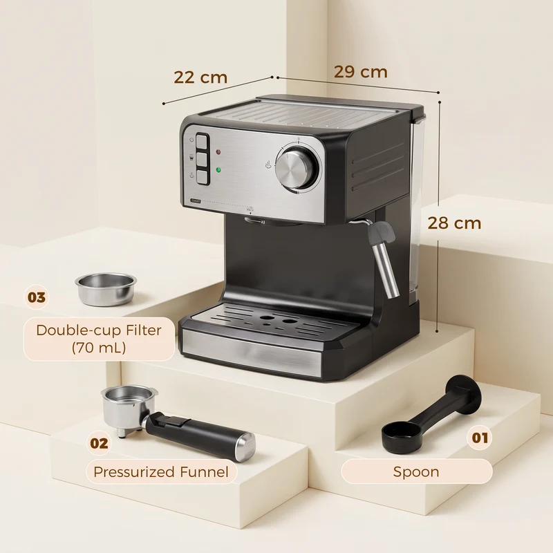 20-Bar Semi-Auto Espresso Machine with Milk Frother, 1.6 L Tank, Black & Silver