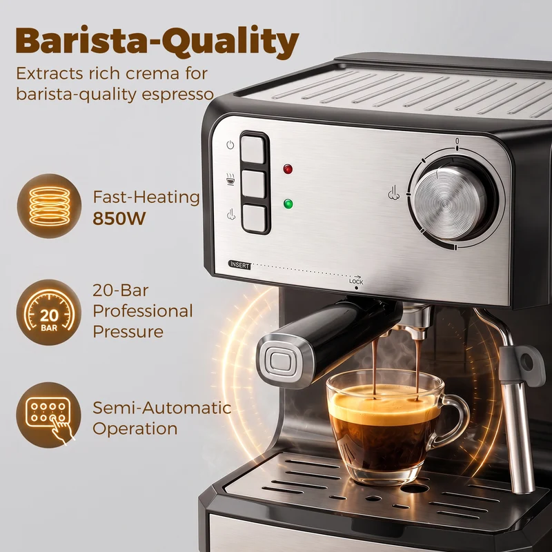 20-Bar Semi-Auto Espresso Machine with Milk Frother, 1.6 L Tank, Black & Silver
