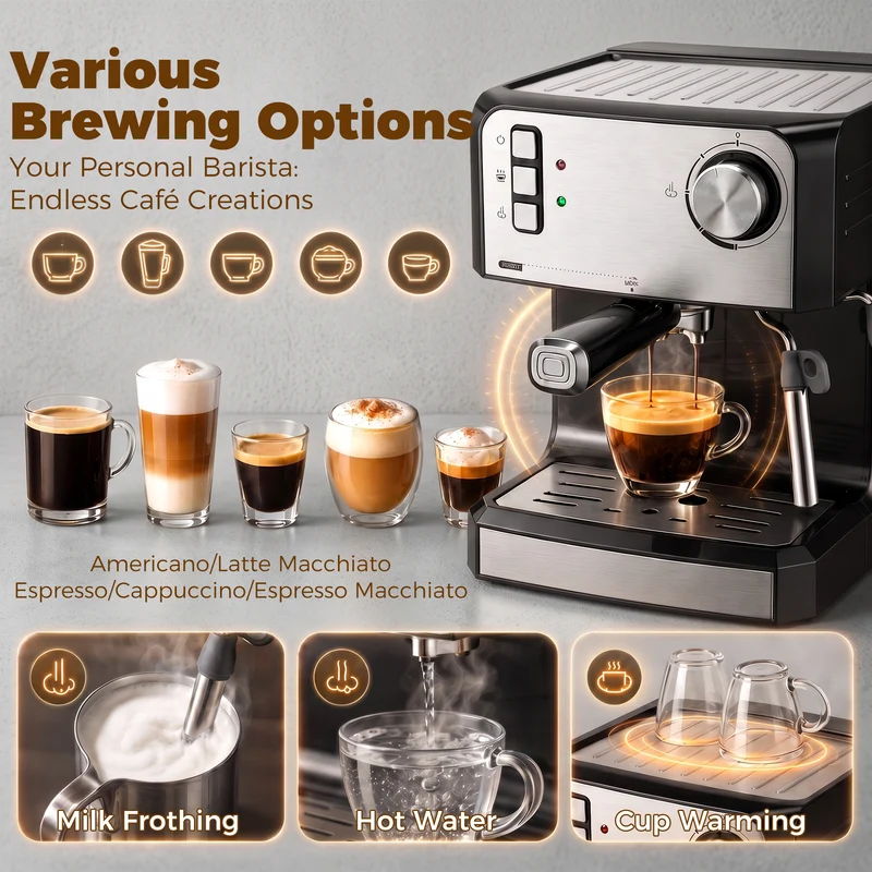 20-Bar Semi-Auto Espresso Machine with Milk Frother, 1.6 L Tank, Black & Silver
