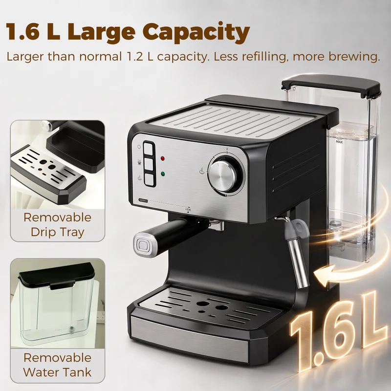 20-Bar Semi-Auto Espresso Machine with Milk Frother, 1.6 L Tank, Black & Silver