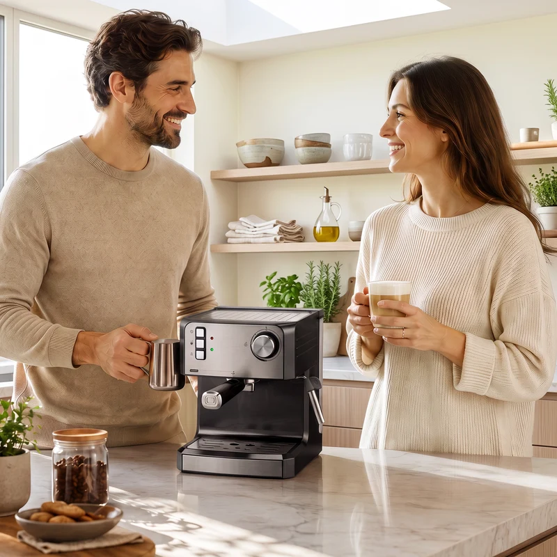 20-Bar Semi-Auto Espresso Machine with Milk Frother, 1.6 L Tank, Black & Silver