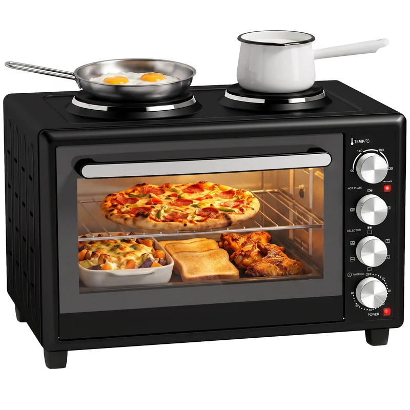 36L Mini Oven with Dual Hot Plates and Convection, 90–230°C, 60-Min Timer, Black