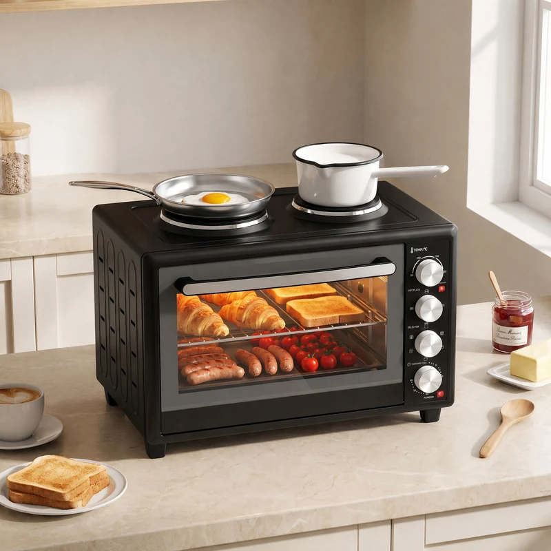 36L Mini Oven with Dual Hot Plates and Convection, 90–230°C, 60-Min Timer, Black