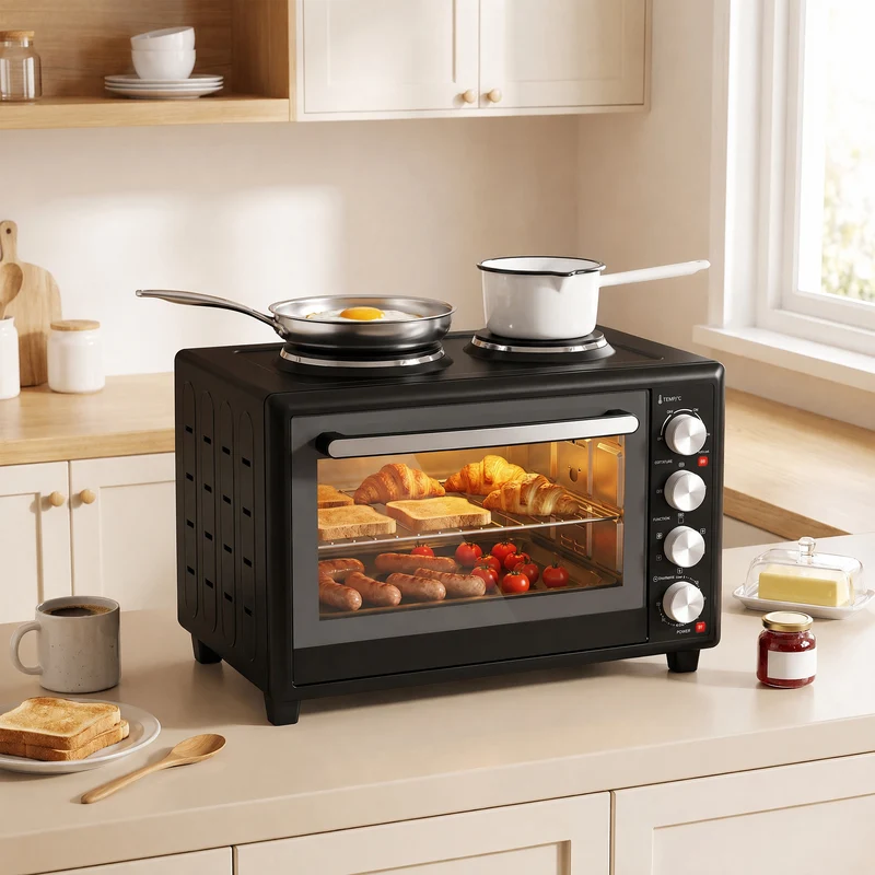 36L Mini Oven with Dual Hot Plates and Convection, 90–230°C, 60-Min Timer, Black