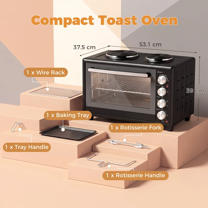 36L Mini Oven with Dual Hot Plates and Convection, 90–230°C, 60-Min Timer, Black
