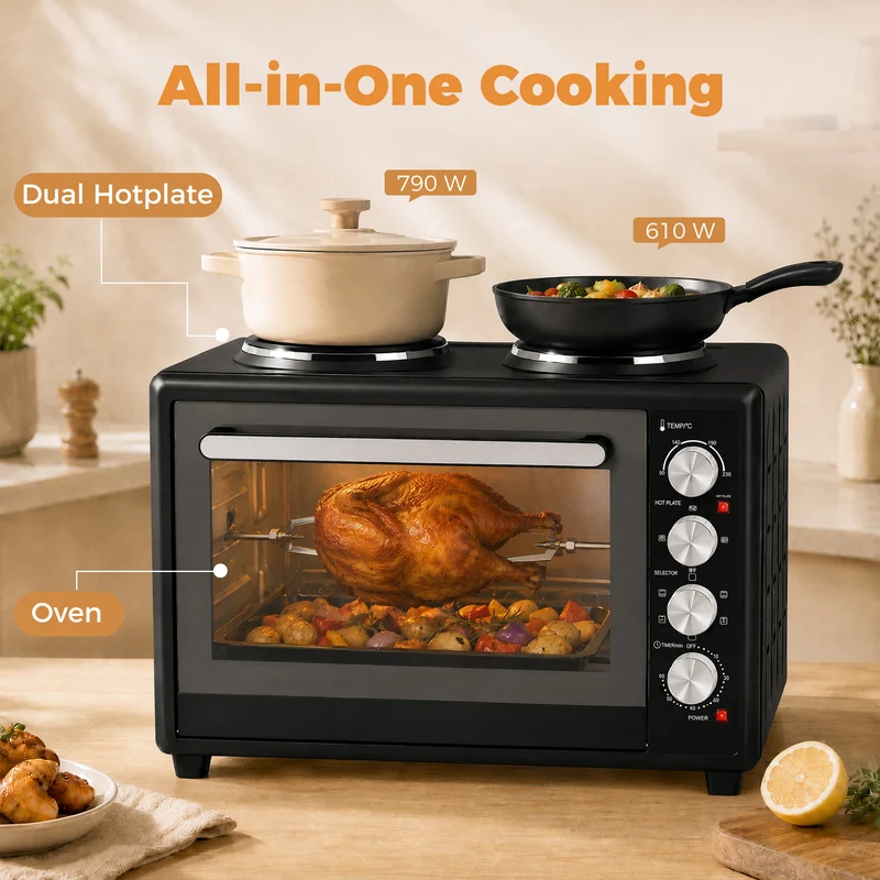 36L Mini Oven with Dual Hot Plates and Convection, 90–230°C, 60-Min Timer, Black