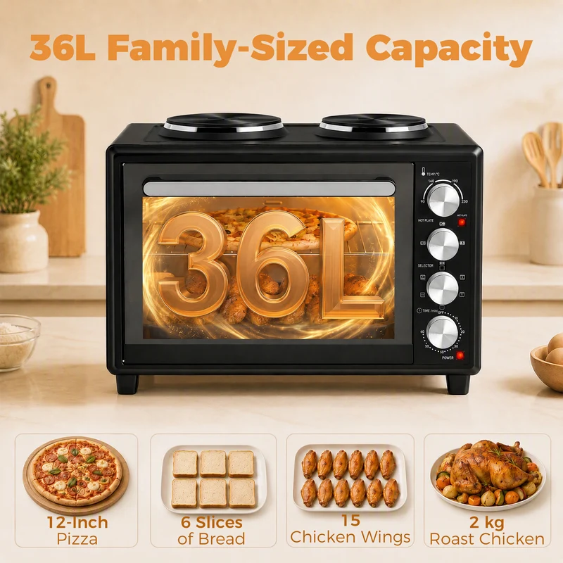 36L Mini Oven with Dual Hot Plates and Convection, 90–230°C, 60-Min Timer, Black