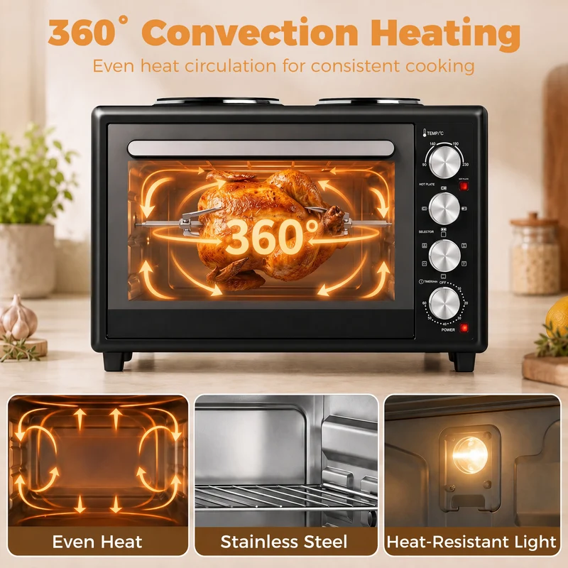 36L Mini Oven with Dual Hot Plates and Convection, 90–230°C, 60-Min Timer, Black