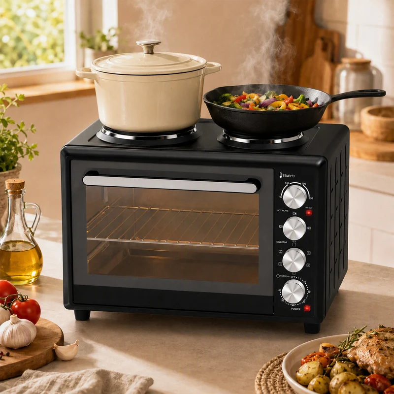 36L Mini Oven with Dual Hot Plates and Convection, 90–230°C, 60-Min Timer, Black