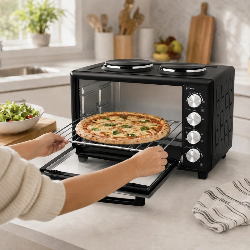 36L Mini Oven with Dual Hot Plates and Convection, 90–230°C, 60-Min Timer, Black
