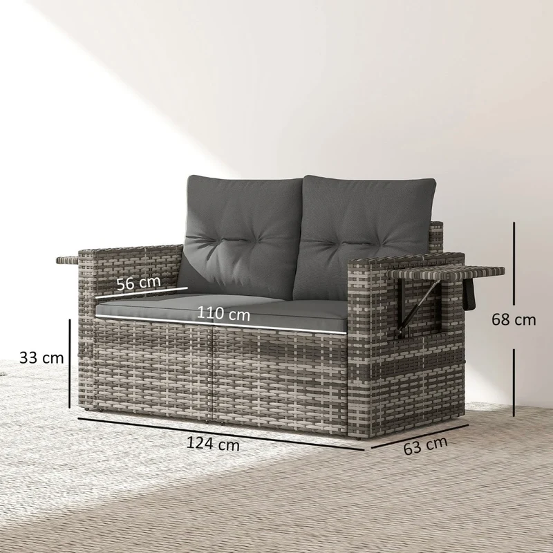 2-Sitzer Rattansofa Klappbar Seitentabletts Loungesofa Sitzgruppe