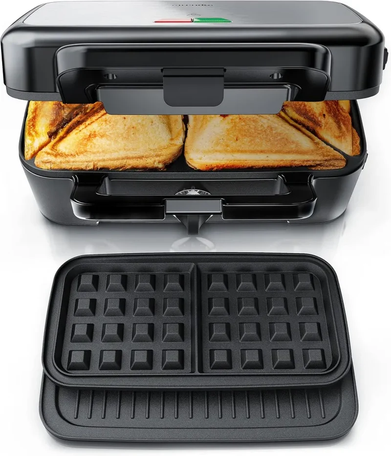 Arendo 3in1 Waffel-, Kontaktgrill- und Sandwichmaker mit abnehmbaren Platten und Antihaftbeschichtung, BPA-frei, Temperaturregelung