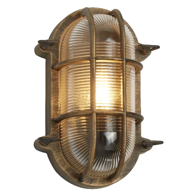 Skanto | Antik Messing & Geripptes Glas Outdoor Vintage Ovale Unterputzlampe Wandleuchte 248mm