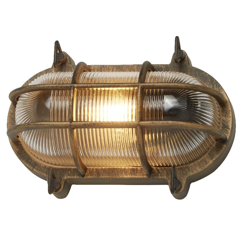 Skanto | Antik Messing & Geripptes Glas Outdoor Vintage Ovale Unterputzlampe Wandleuchte 248mm