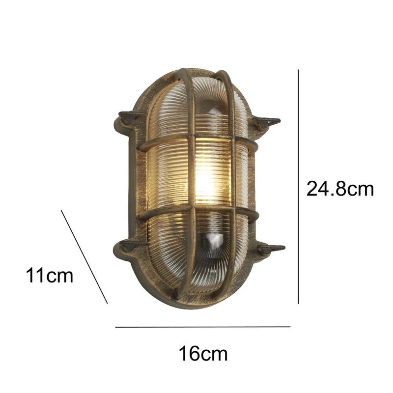 Skanto | Antik Messing & Geripptes Glas Outdoor Vintage Ovale Unterputzlampe Wandleuchte 248mm