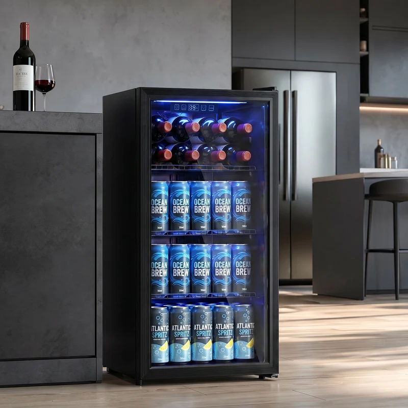 90L Under-Counter Drinks Fridge for 139 Cans with Double-Glass Door & LED