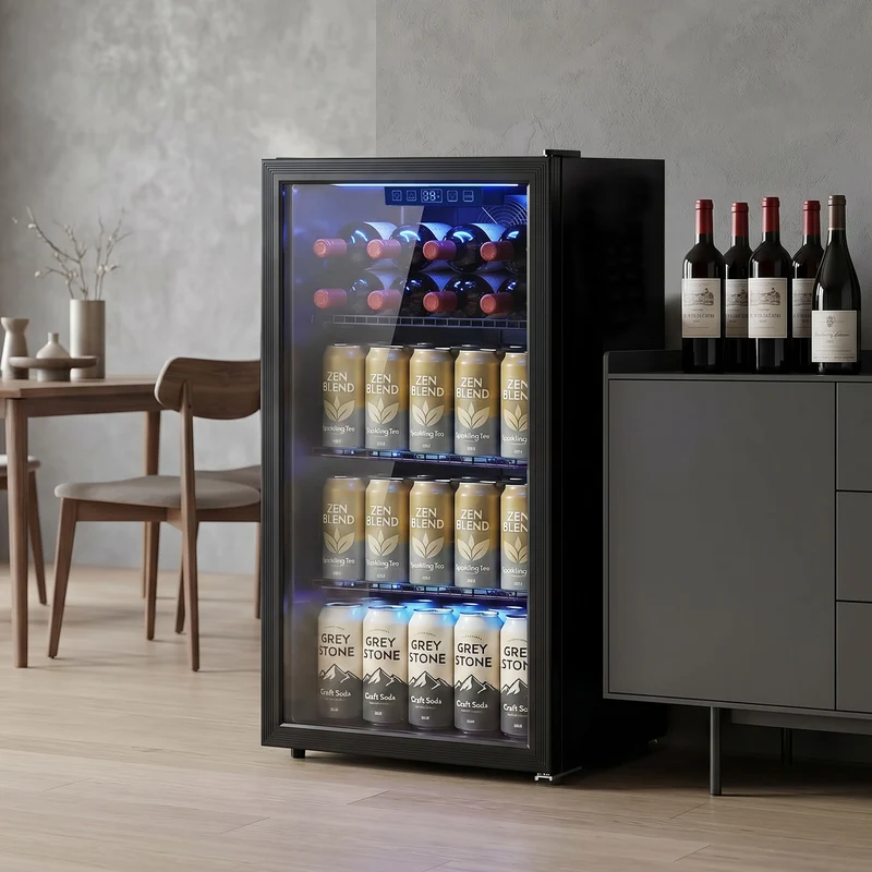 90L Under-Counter Drinks Fridge for 139 Cans with Double-Glass Door & LED