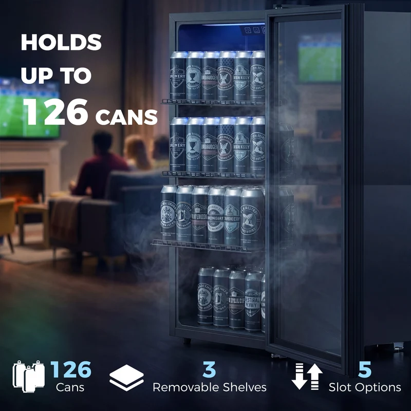 90L Under-Counter Drinks Fridge for 139 Cans with Double-Glass Door & LED