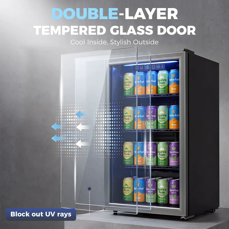 90L Under-Counter Drinks Fridge for 139 Cans with Double-Glass Door & LED
