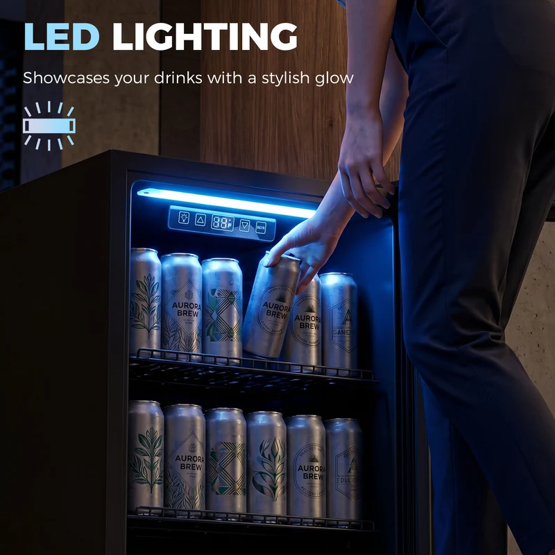 90L Under-Counter Drinks Fridge for 139 Cans with Double-Glass Door & LED