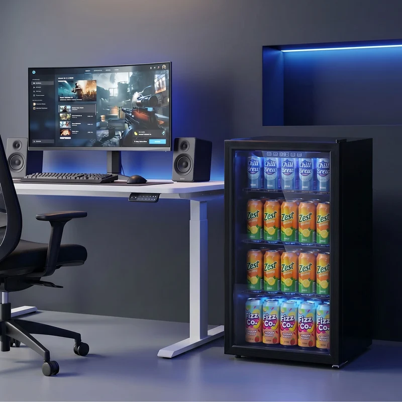 90L Under-Counter Drinks Fridge for 139 Cans with Double-Glass Door & LED