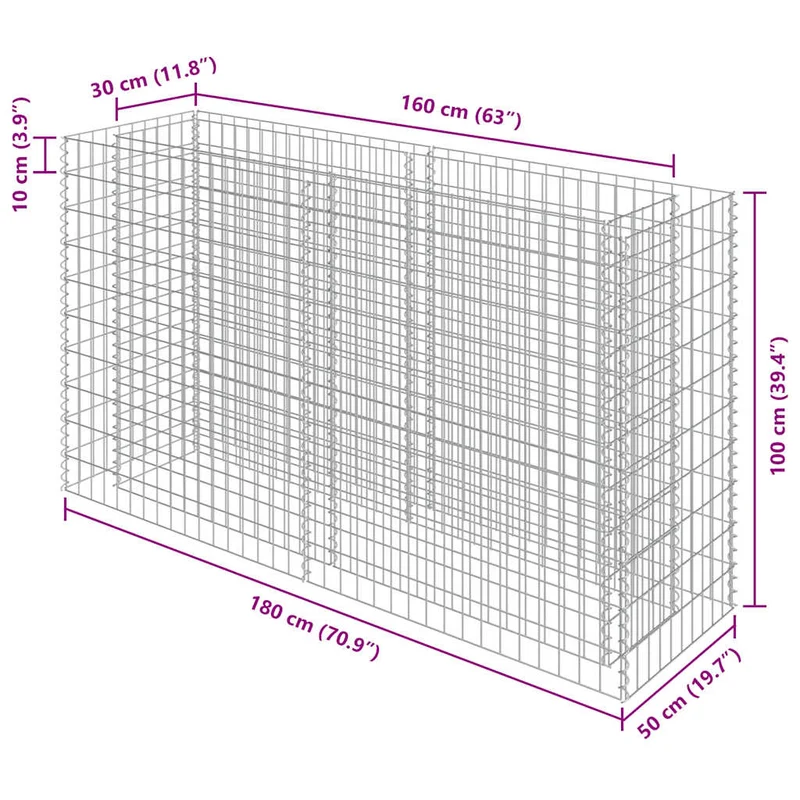 Gabionen Hochbeet Verzinkt 180x50x100cm Pflanzkasten Garten Steinkorb