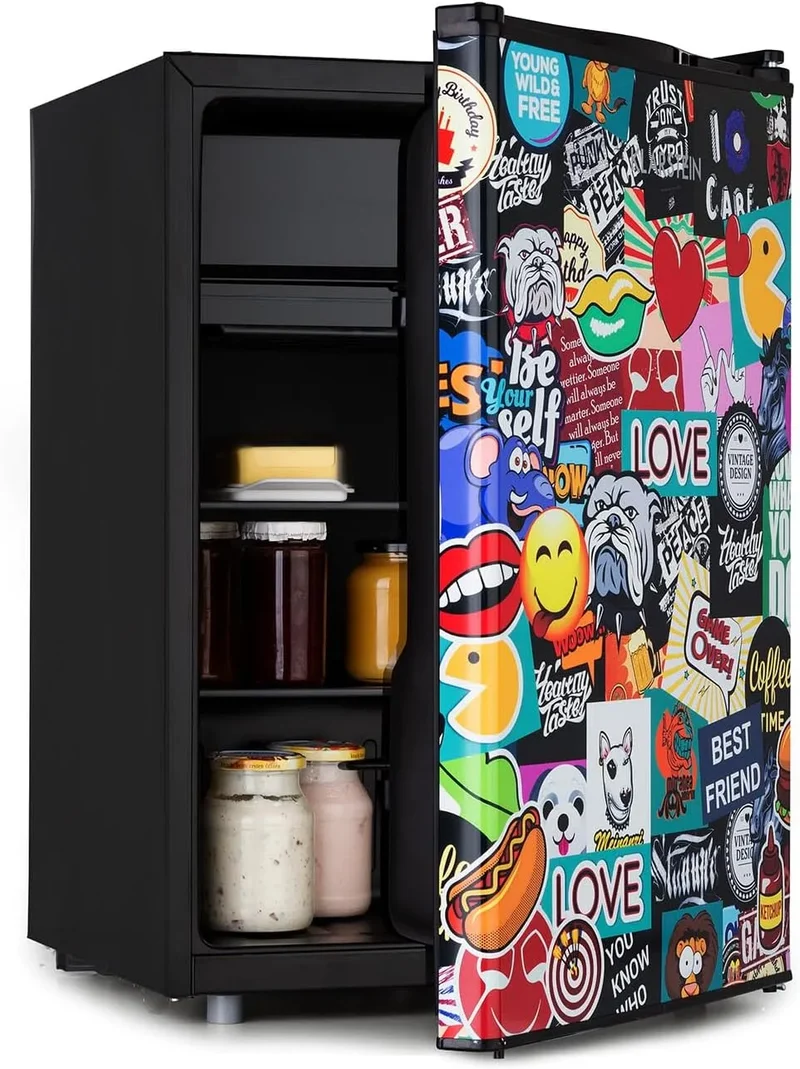 Klarstein Kühlschrank, 70 L, 42 dB, Schwarz, Klarstein Cool Vibe - Kühlschrank, VividArt Concept: Tür mit Stickerbomb-Design Print, Eisfach