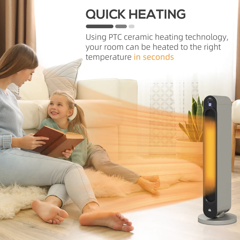 2200W Ceramic Tower Space Heater with Remote Control, 3 Modes, Silver