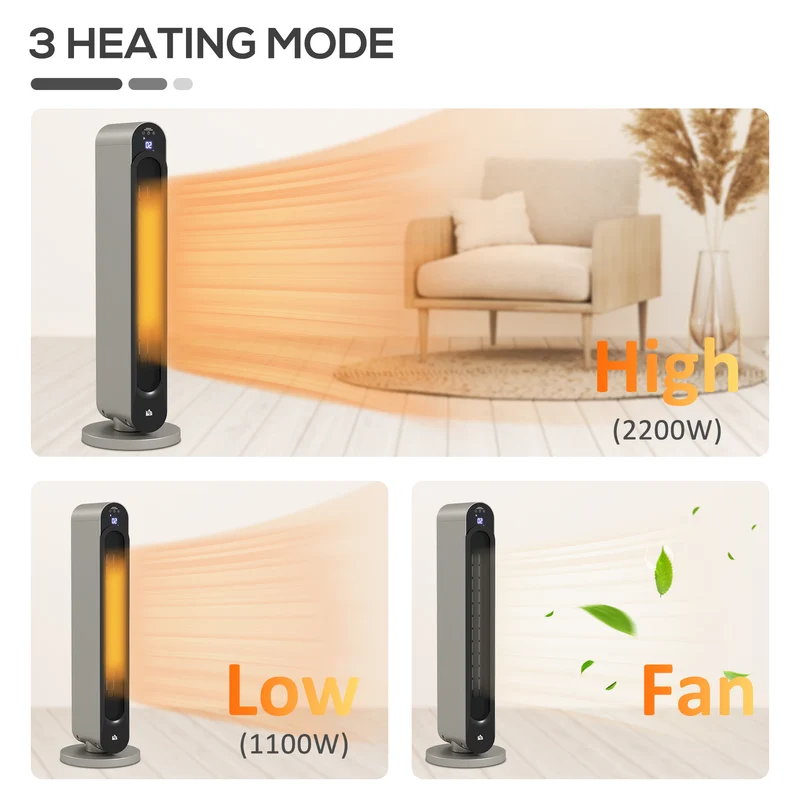 2200W Ceramic Tower Space Heater with Remote Control, 3 Modes, Silver