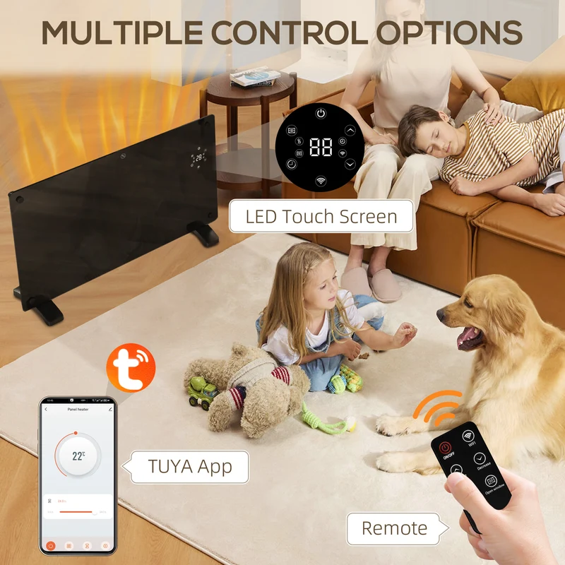 1500W Glass Panel Smart Heater with WiFi App, LED Display, Timer & Remote