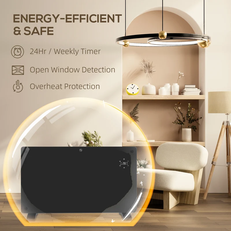 1500W Glass Panel Smart Heater with WiFi App, LED Display, Timer & Remote